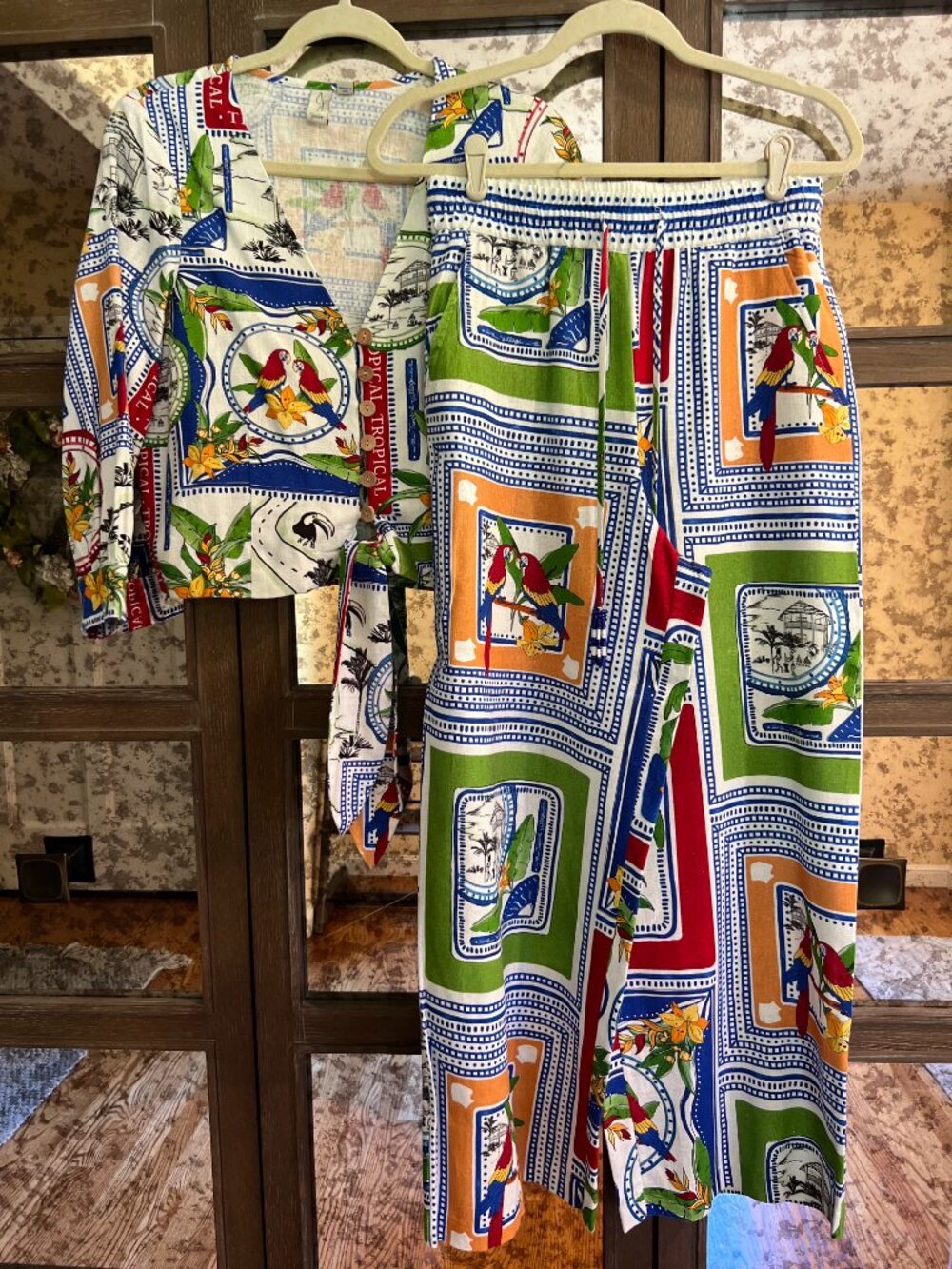 Joie Tropical Print Linen Blend Wrap Top & Wide Leg Pants Set | Size S/M